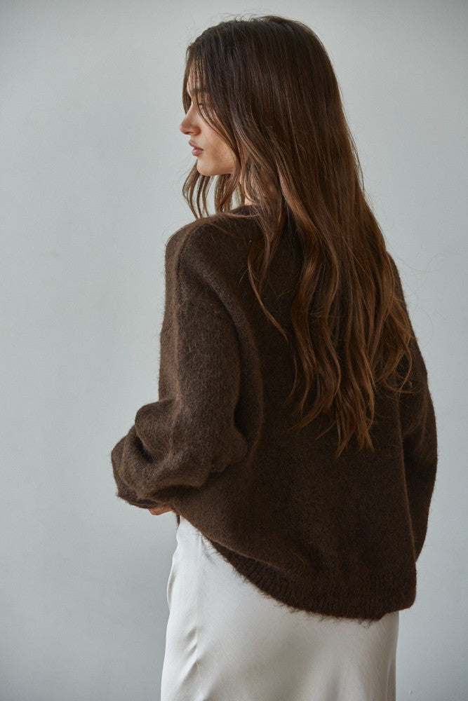 Knit Sweater Round Neck Long Sleeve Cardigan Top (Chocolate Brown)
