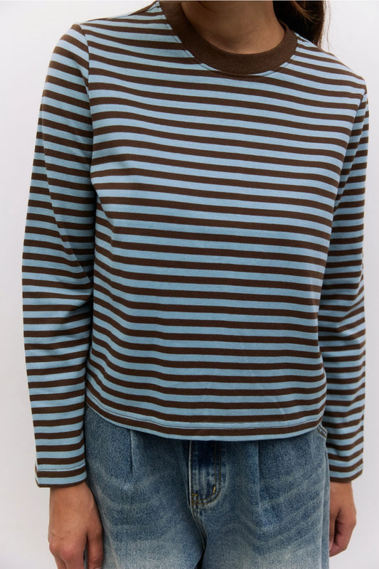 Brown + Blue Striped Long Sleeve Tee