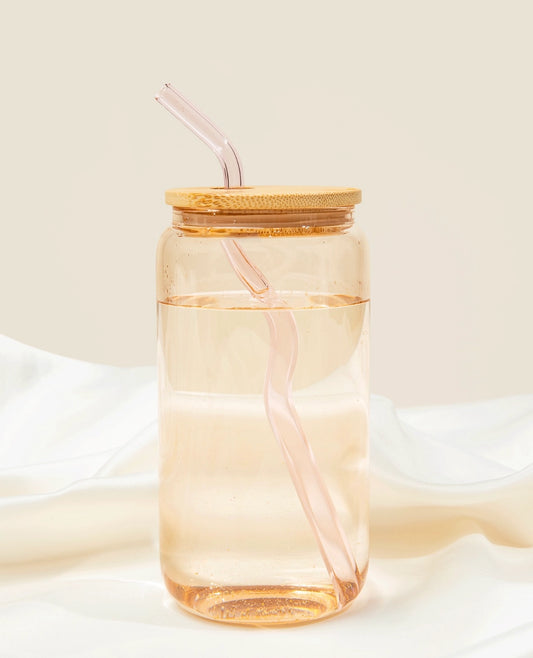 Pink Can Glass Cup with Bamboo Lid and Wavy Straw