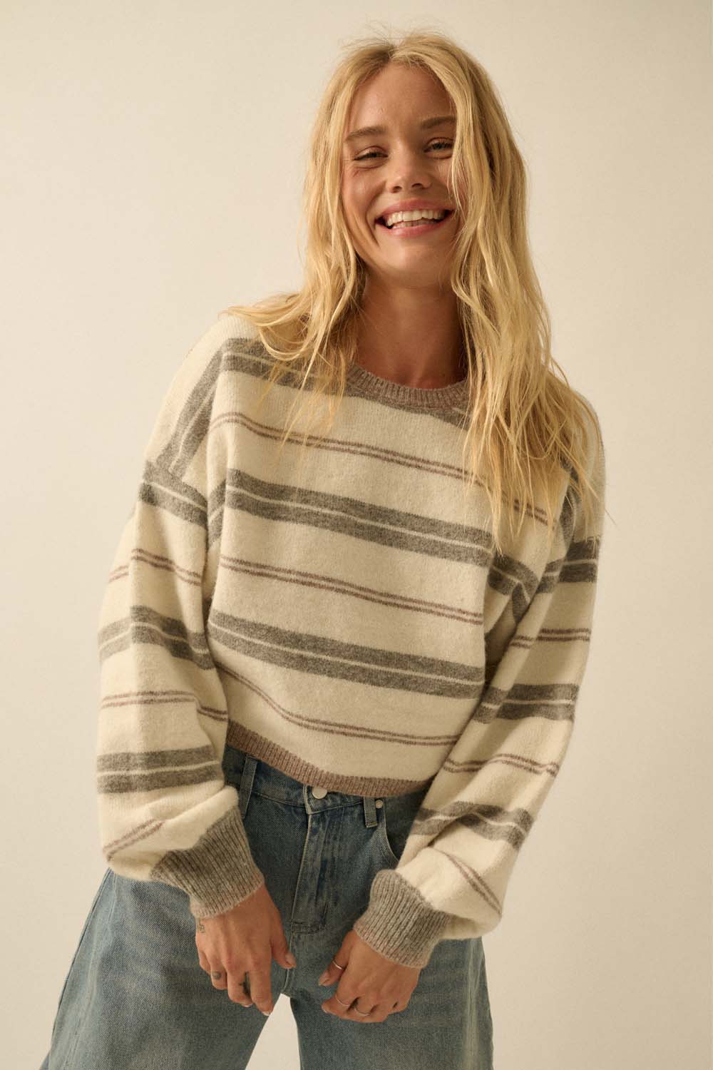 Striped Knit Dolman-Sleeve Loose-Fit Sweater