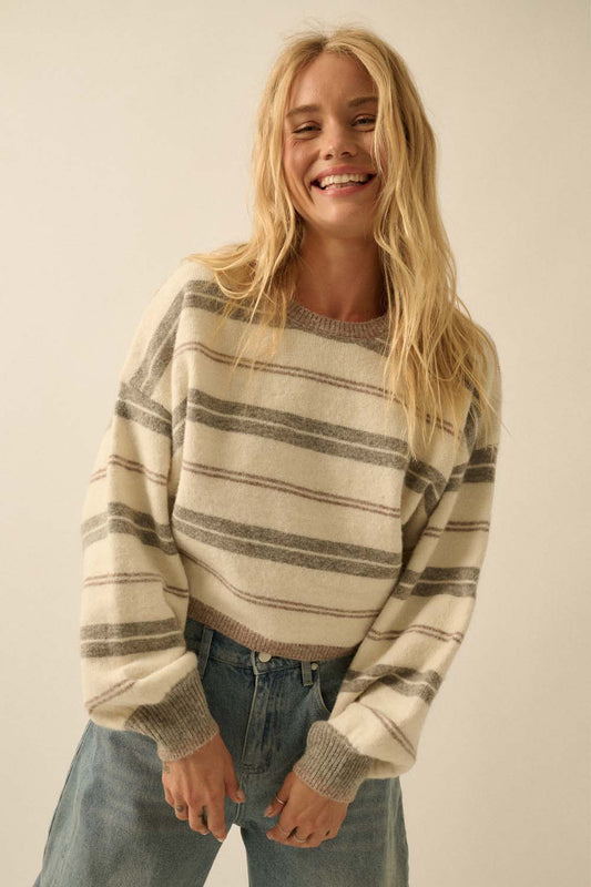 Striped Knit Dolman-Sleeve Loose-Fit Sweater