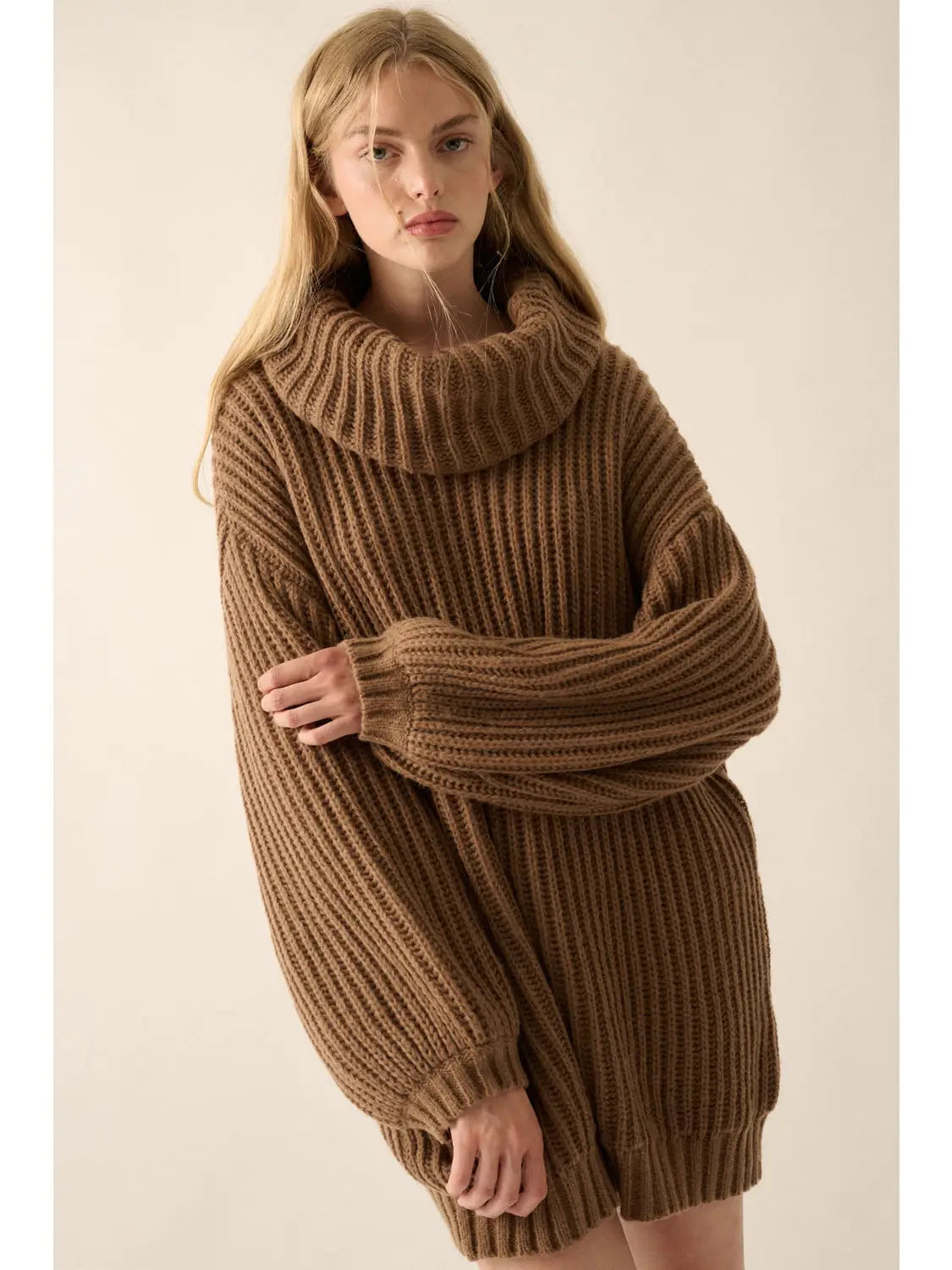 Rib Knit Turtle Neck Oversized Sweater (Brown)