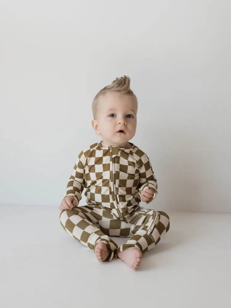 Bamboo Zip Pajamas | Olive Checkerboard