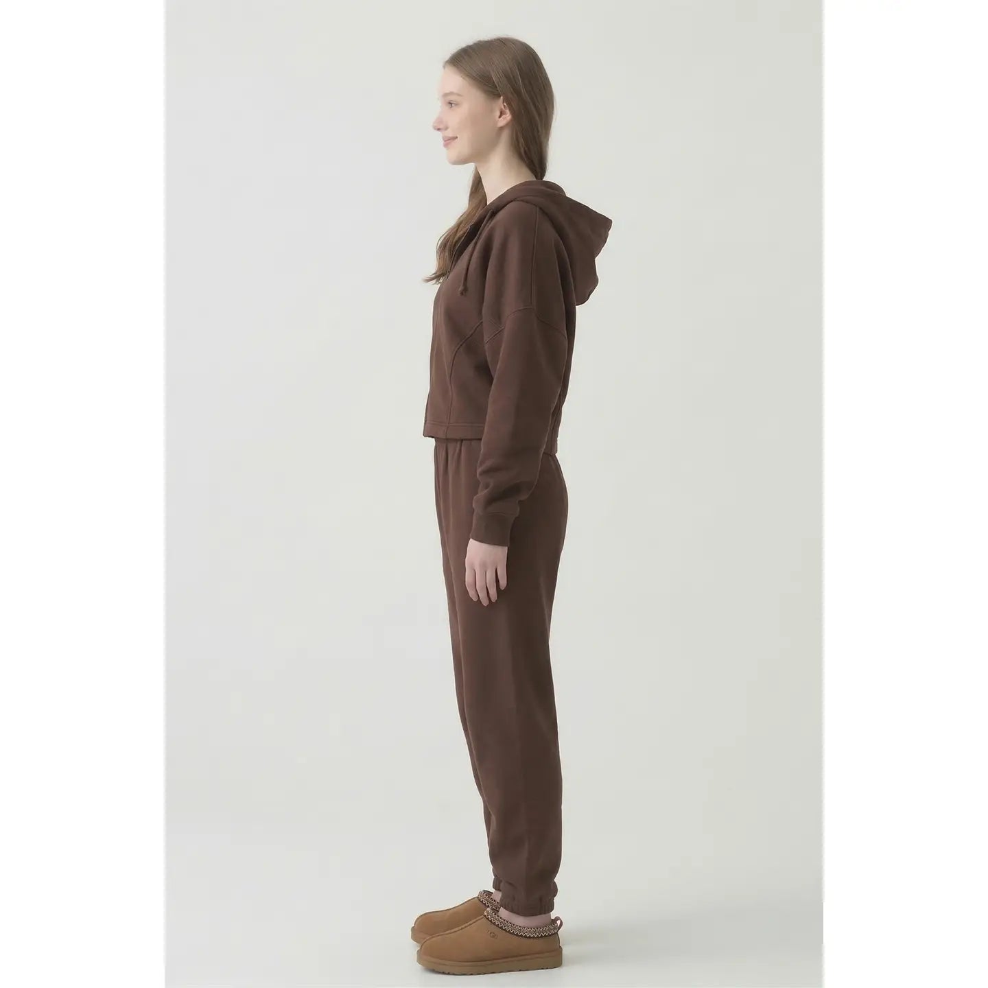 Cotton Boxy Crop Zip Hoodie - Chocolate