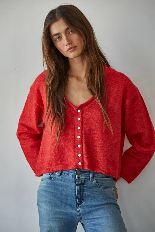 Knit Sweater Rolled V-Neck Long Sleeve Cardigan Top (Red)