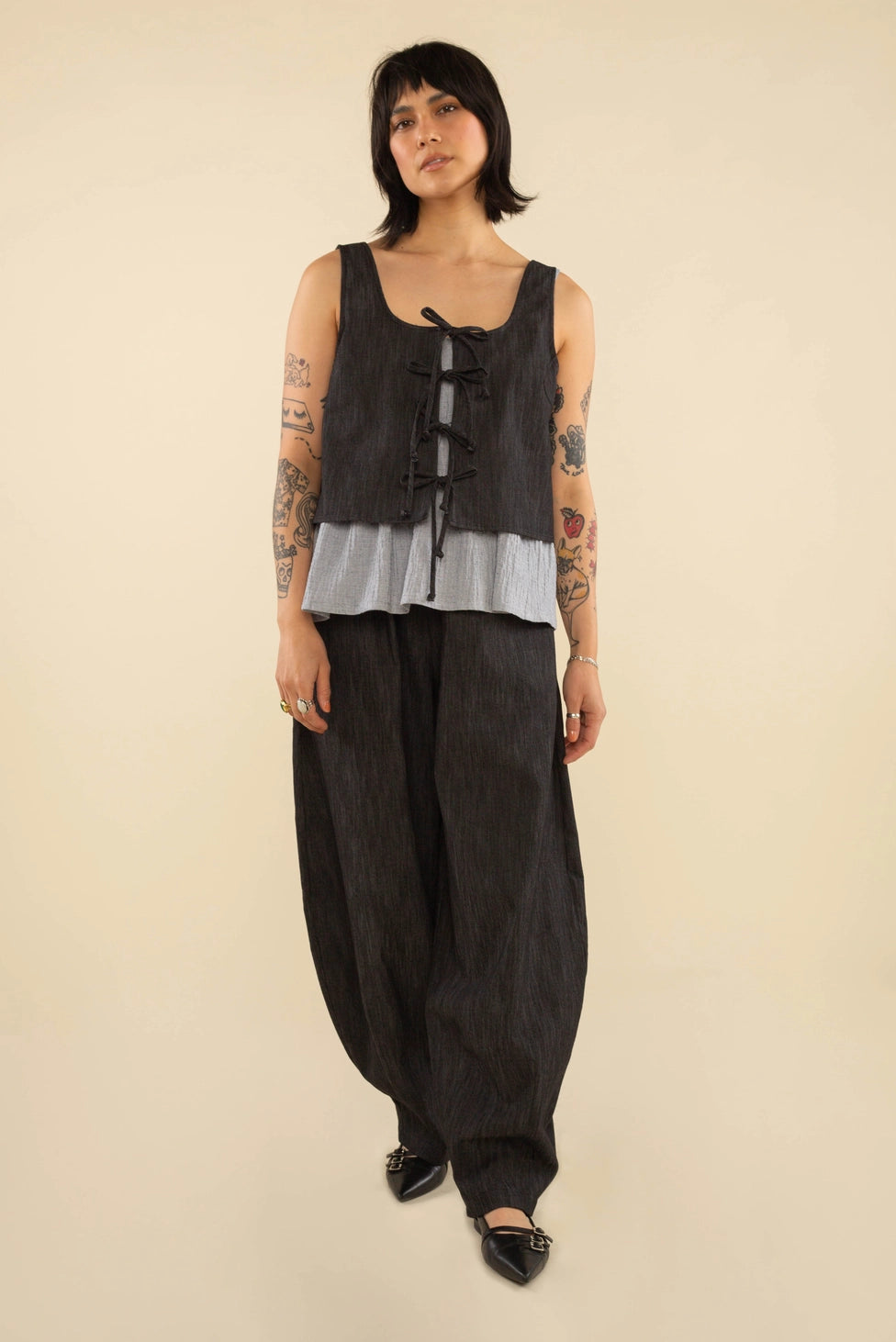 Cotton Blend Black Denim Tie Top - Charcoal