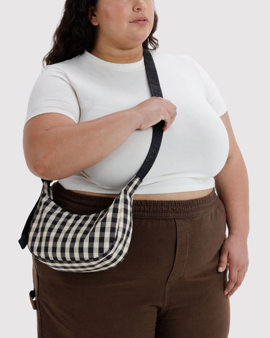 Small Nylon Crescent Bag - Black And Cream Gingham