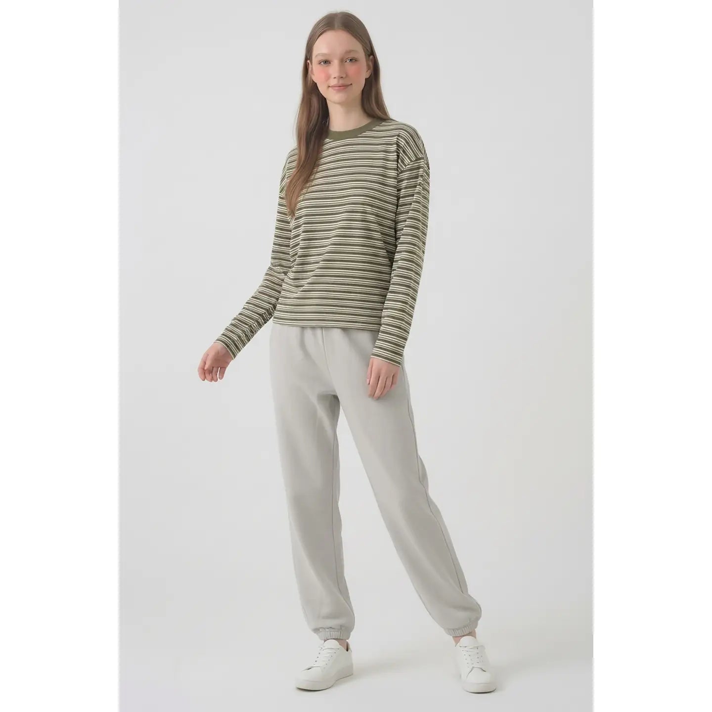 Olive Relaxed Fit Striped Knit Top