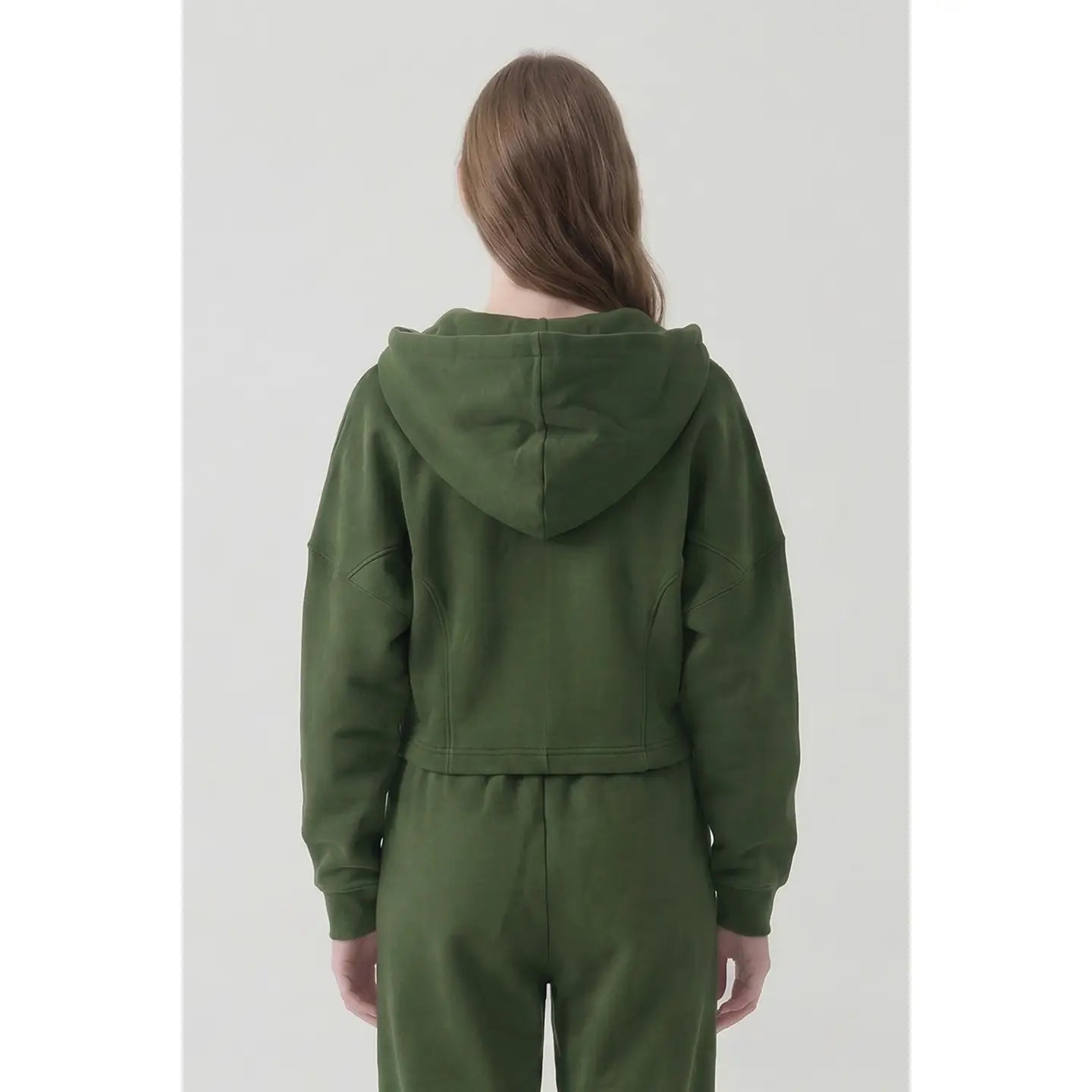 Cotton Boxy Crop Zip Hoodie - Olive Green