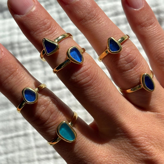 Handmade Blue Sea Glass Ring (Gold)