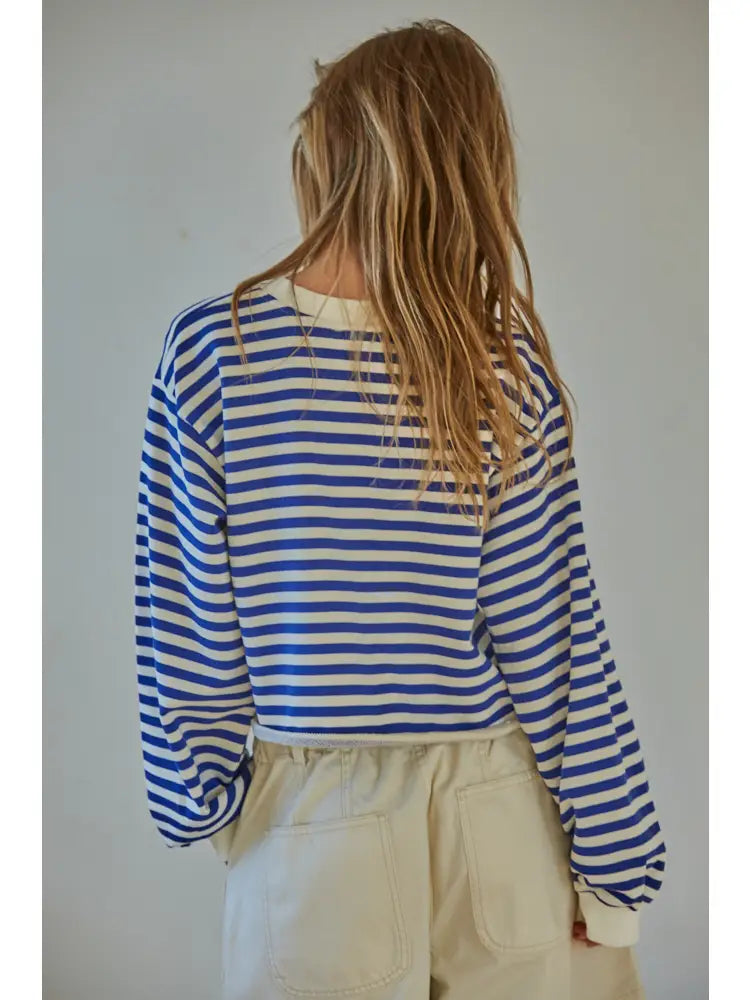 Knit Cotton Striped Crew Neck Long Sleeve Pullover