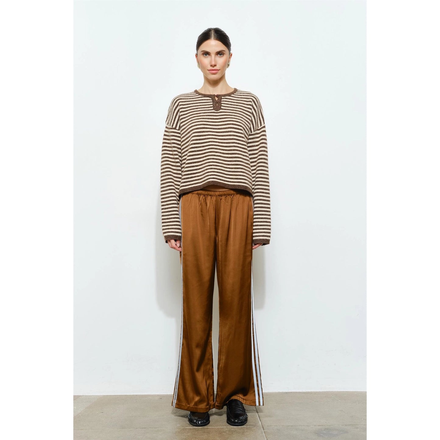 Etta Brown Striped Henley Knit Sweater
