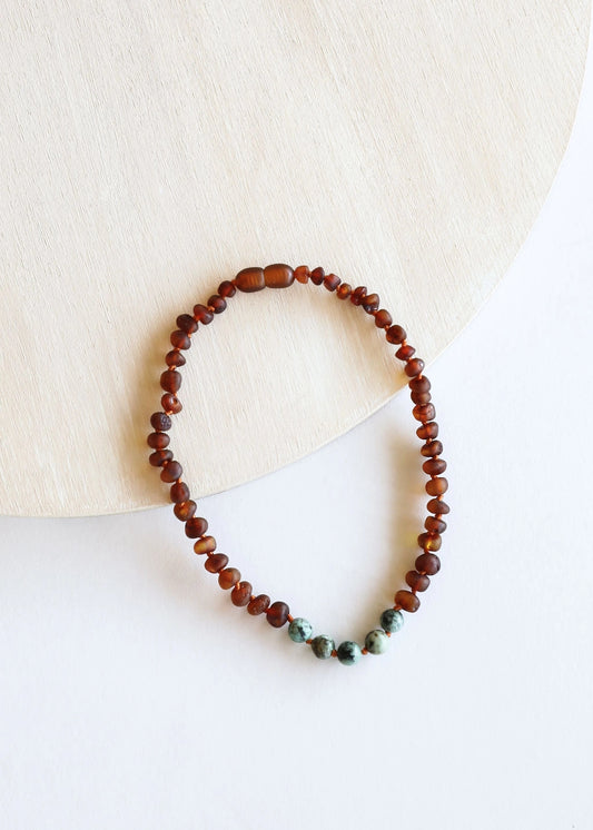 Raw Cognac Amber + Turquoise Jasper Necklace