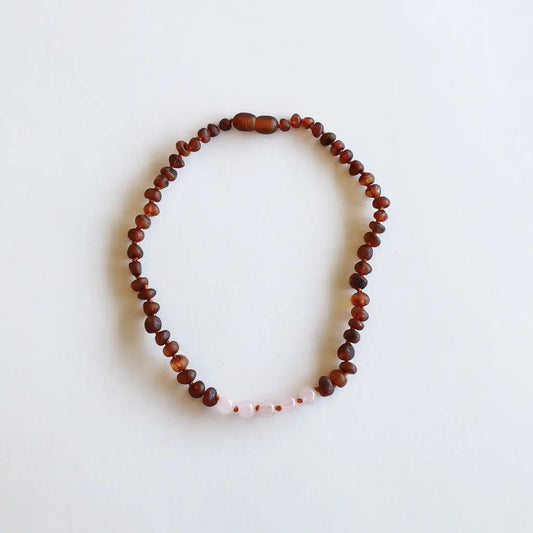 Raw Cognac Amber + Rose Quartz || Necklace
