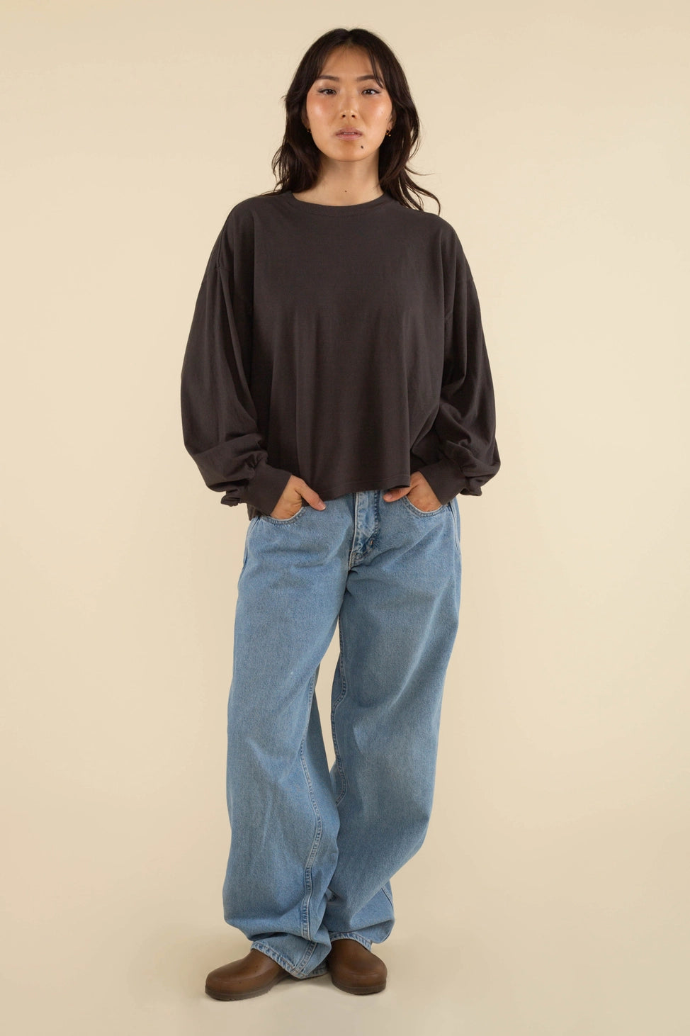 Vintage Boxy Garment Dyed Long Sleeve Tee | Black