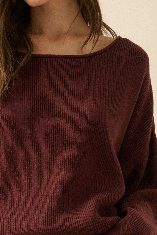 Solid Rib-Knit Oversized Boatneck Sweater (Baked Plum)