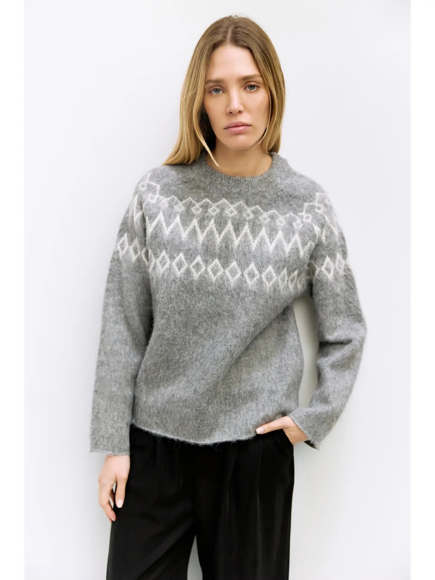 Heather Grey Fair Isle Brushed Sweater