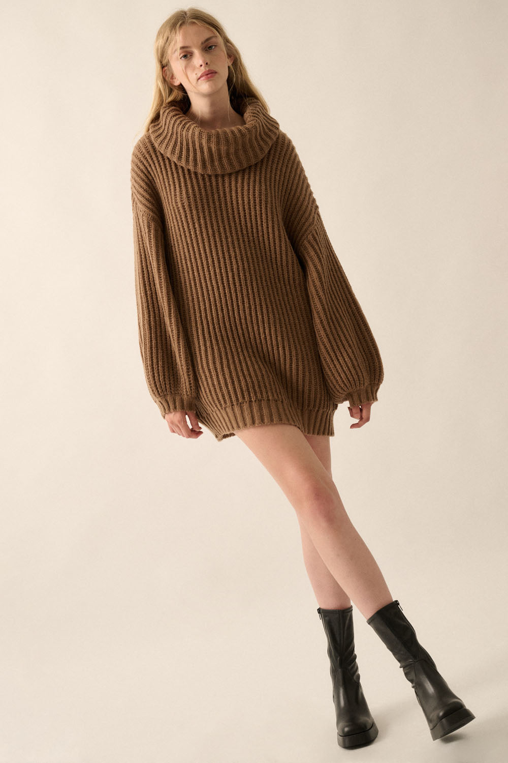 Rib Knit Turtle Neck Oversized Sweater (Brown)