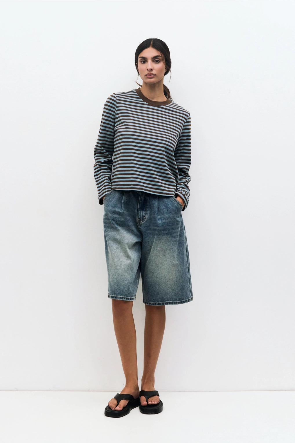 Brown + Blue Striped Long Sleeve Tee