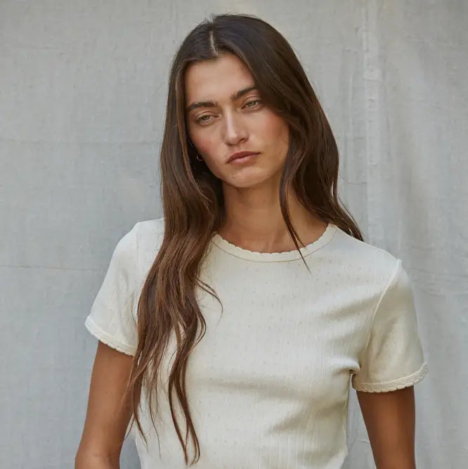 Cream Knit Cotton Pointelle Short Sleeve Top