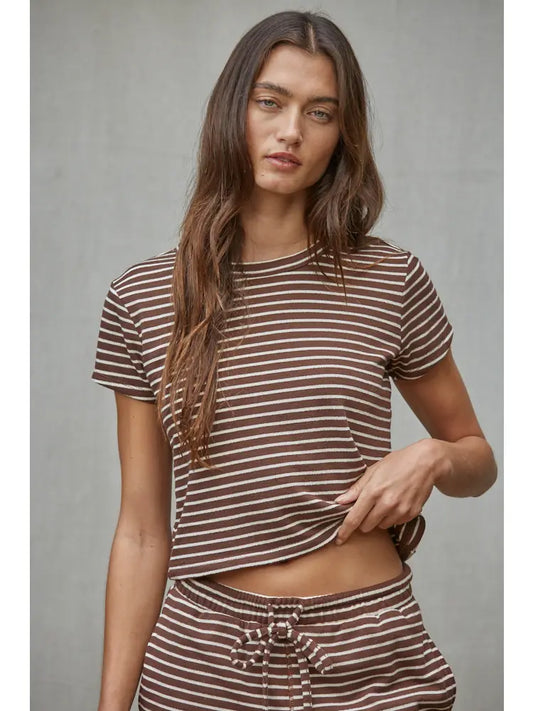Knit Polyester Cotton Striped Short Sleeve Top
