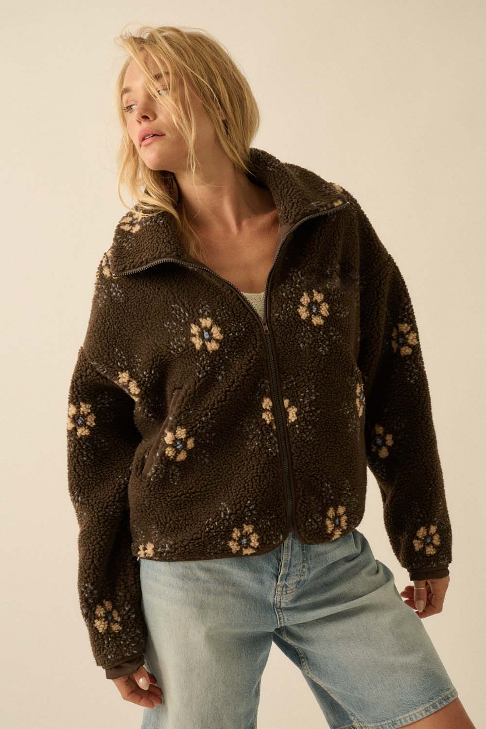 Floral-Print Sherpa Fleece Zip-Up Pocket Jacket