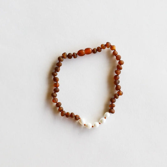 Raw Cognac Baltic Amber + Pearls || Necklace