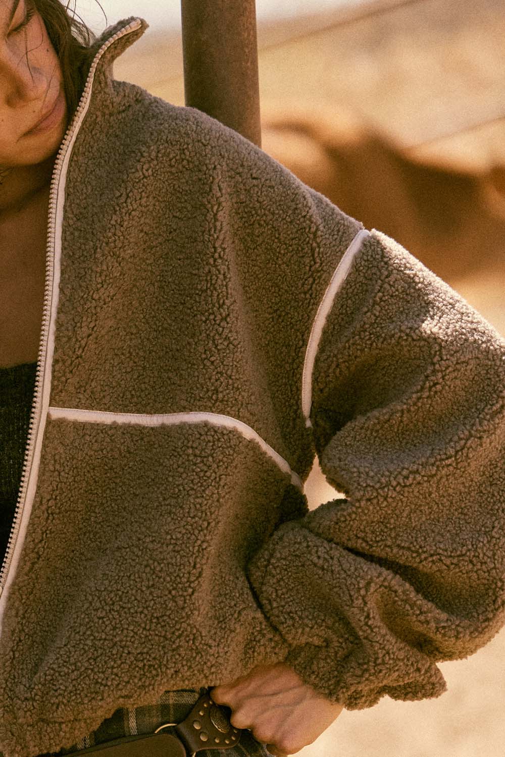 Sherpa Fleece Zip-Up Jacket with Trim