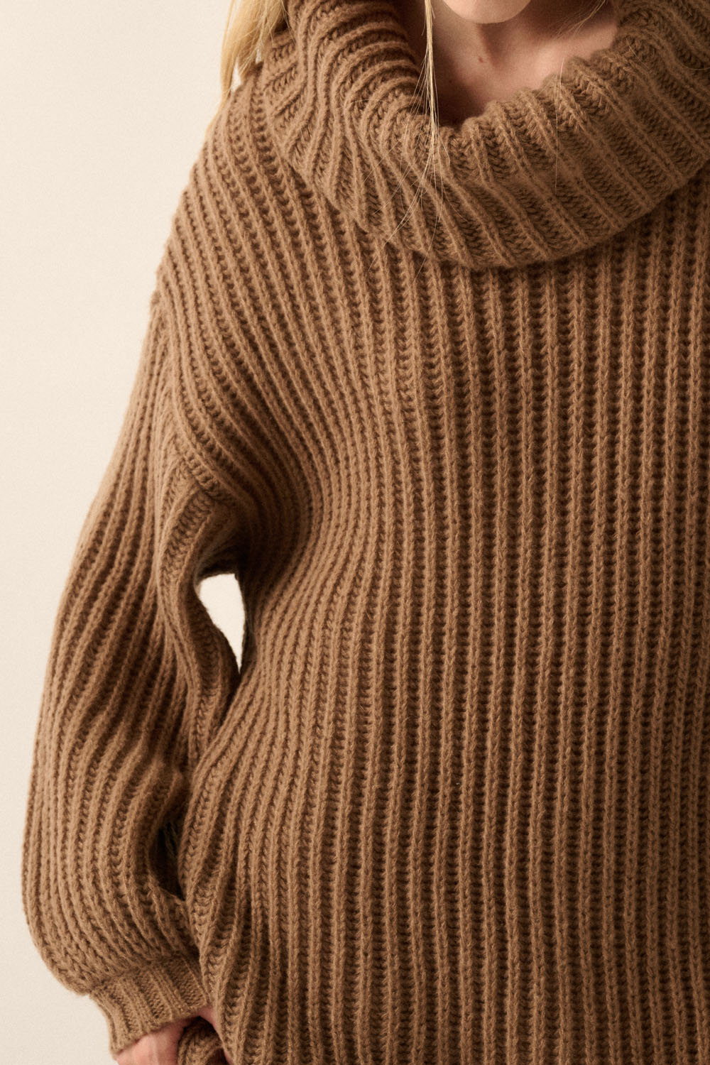 Rib Knit Turtle Neck Oversized Sweater (Brown)