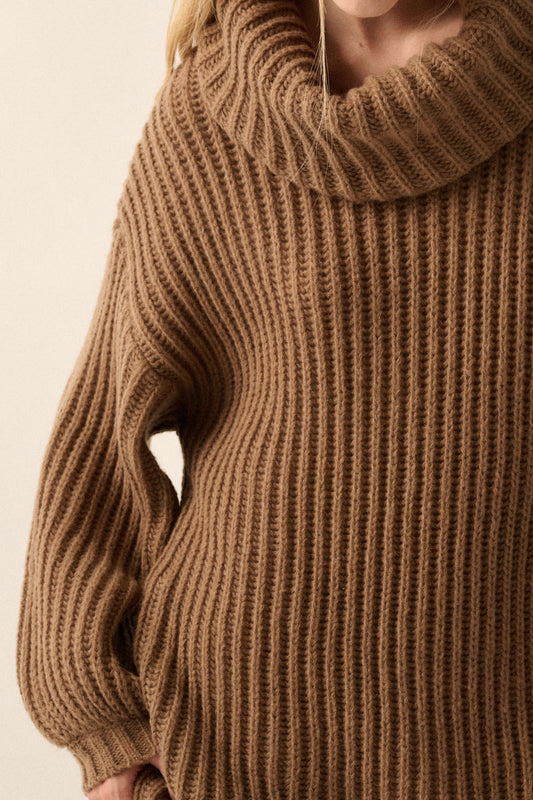 Rib Knit Turtle Neck Oversized Sweater (Brown)