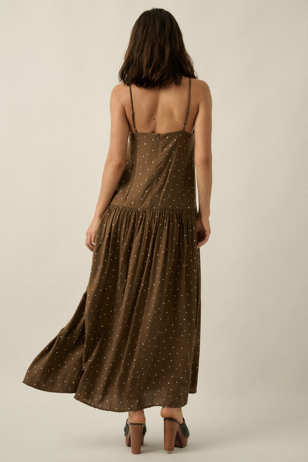 Polka Dot-Print Drop-Waist Cami Maxi Dress (Chocolate)