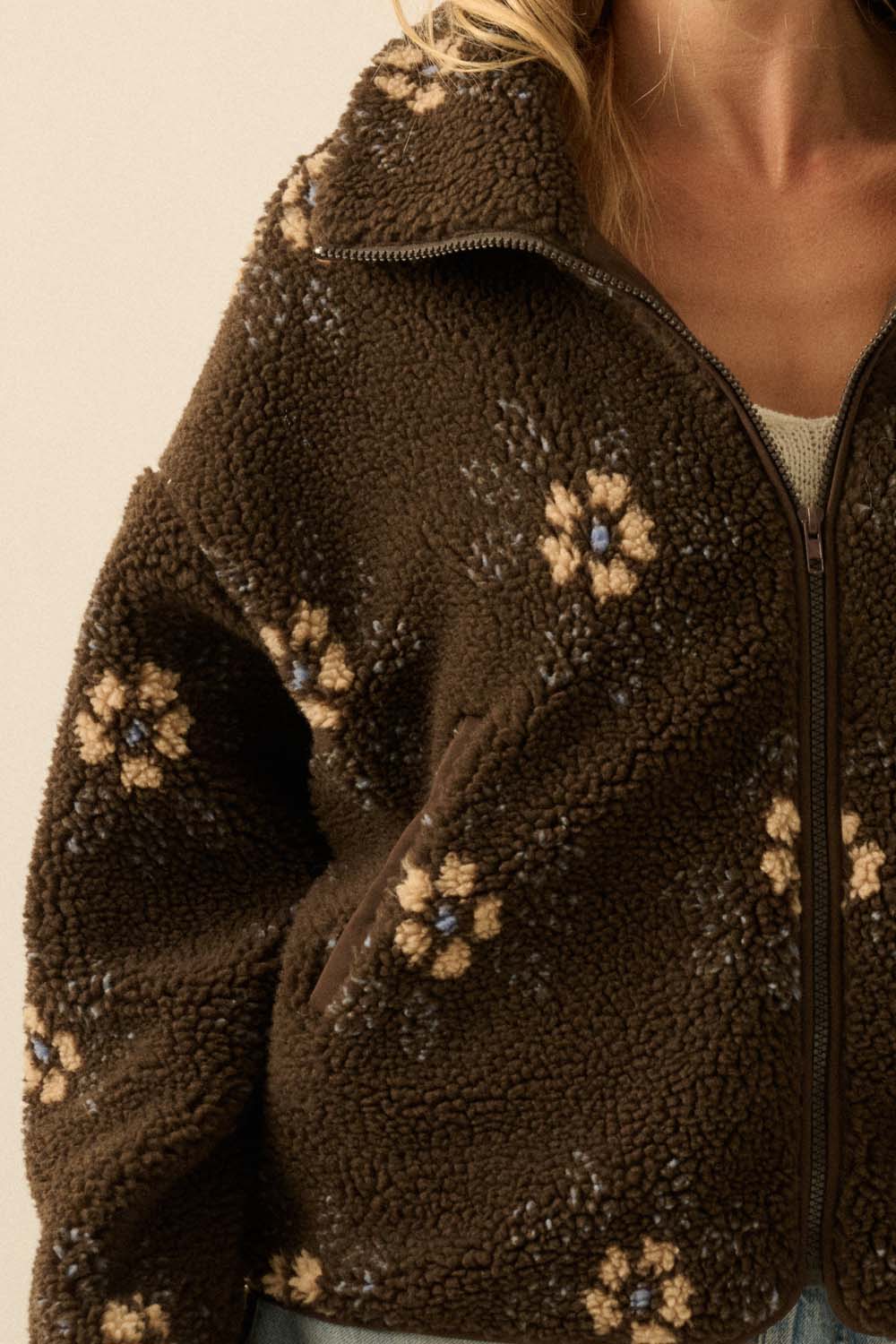 Floral-Print Sherpa Fleece Zip-Up Pocket Jacket