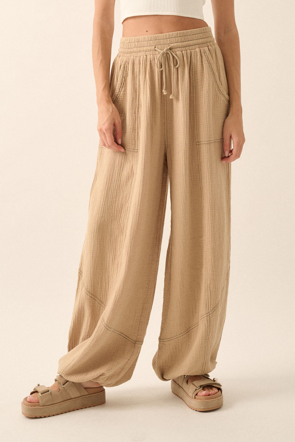 Mineral Washed Crinkle Cotton Parachute Pants (Sand)