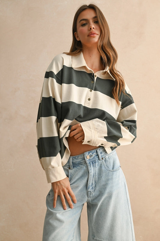 Striped Long Sleeve Knitted Shirt (Olive/Cream)
