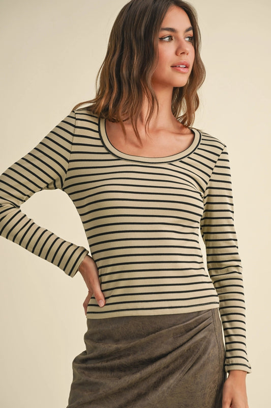 Black + Olive Stripe Round Neck Long Sleeve