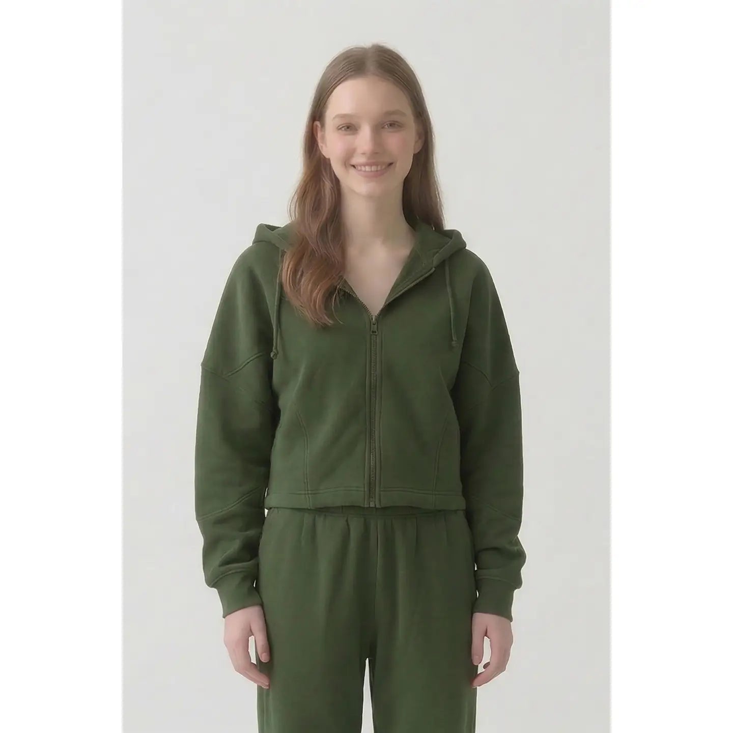 Cotton Boxy Crop Zip Hoodie - Olive Green