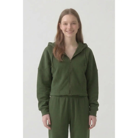 Cotton Boxy Crop Zip Hoodie - Olive Green