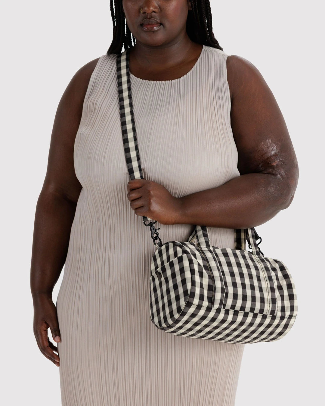 Black And Cream Gingham Nylon Duffle Bag