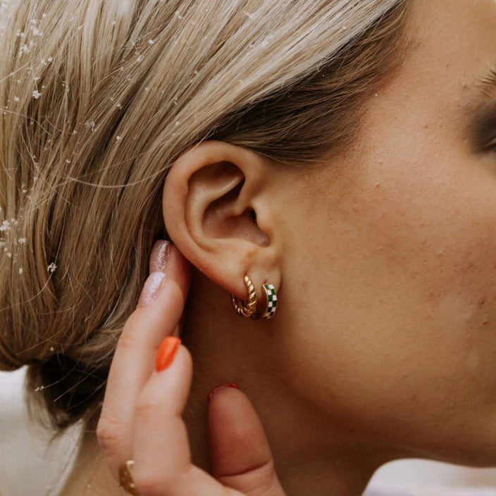 14k Gold Fill Green & White Checkered Hoops