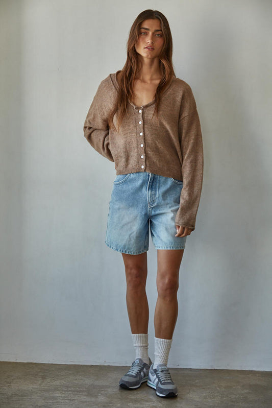 Knit Sweater Rolled V-Neck Long Sleeve Cardigan Top (Mocha)