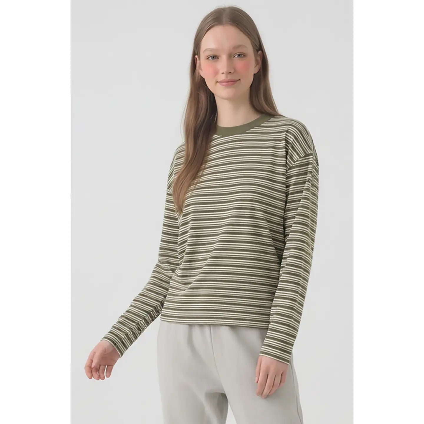 Olive Relaxed Fit Striped Knit Top