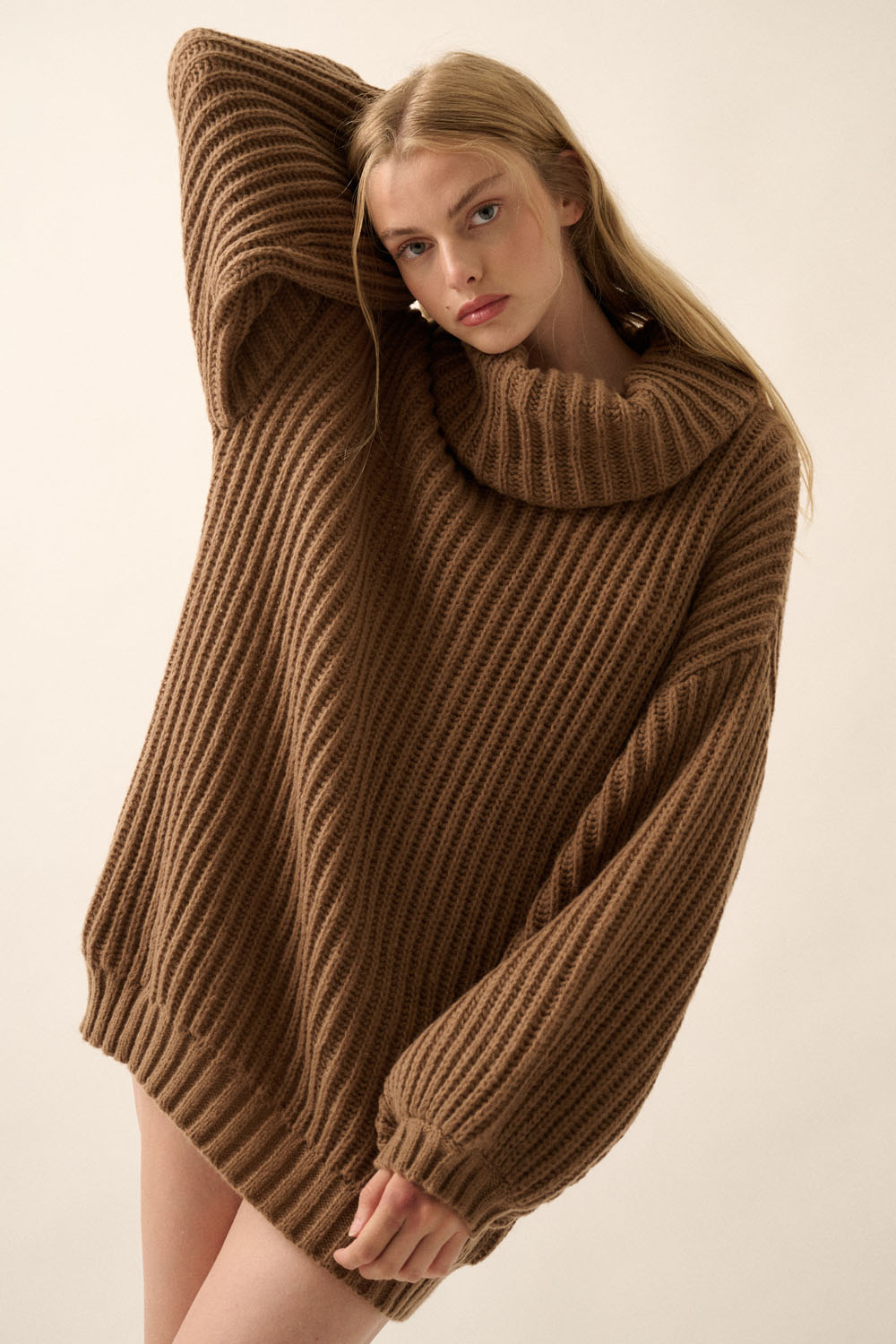 Rib Knit Turtle Neck Oversized Sweater (Brown)