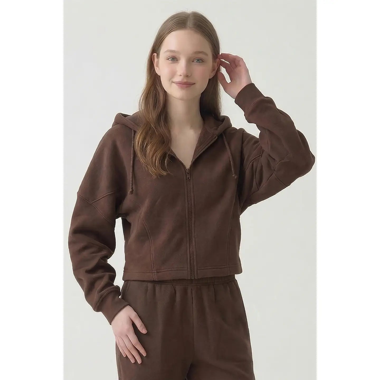 Cotton Boxy Crop Zip Hoodie - Chocolate