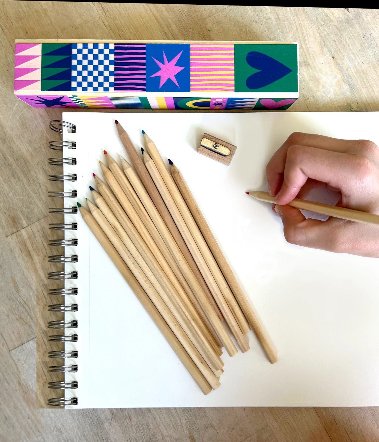 Wooden Pencil Box Colored Pencil Set - Geo Love