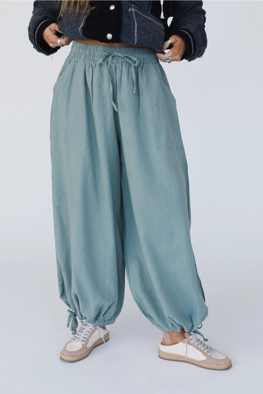Theadora Wide Leg Cinched Pants - Light Olive