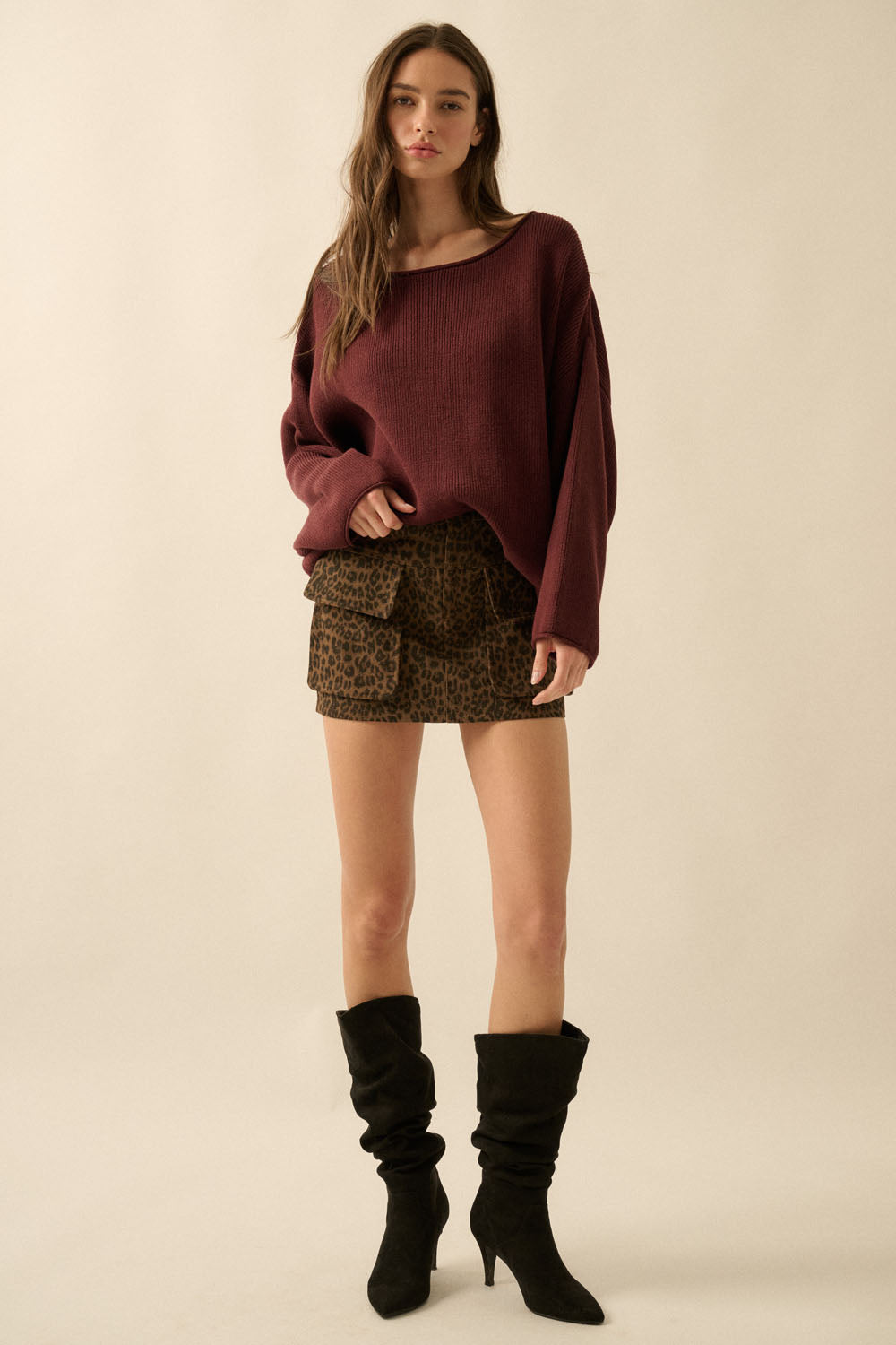 Solid Rib-Knit Oversized Boatneck Sweater (Baked Plum)