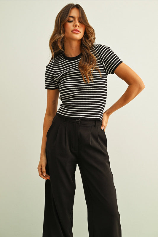 Black Striped Ribbed Knit Top