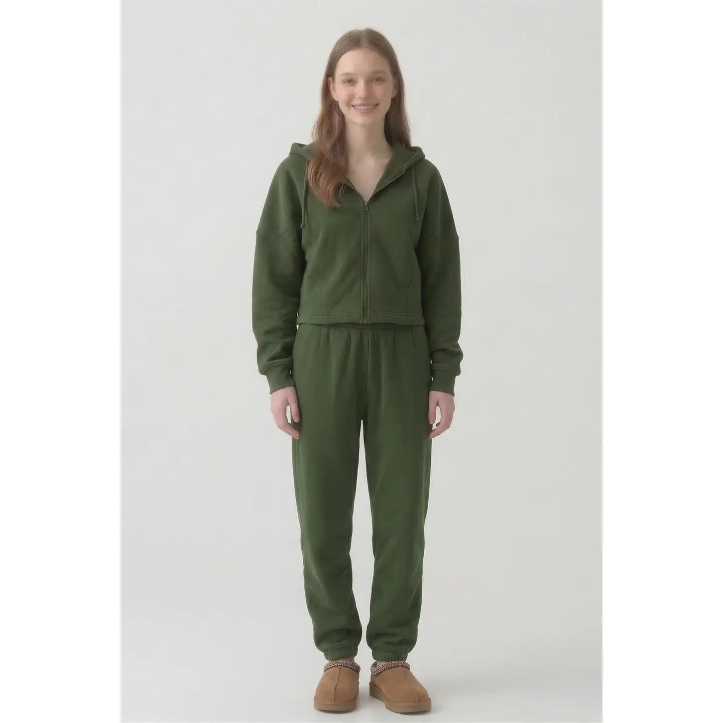 Cotton Boxy Crop Zip Hoodie - Olive Green