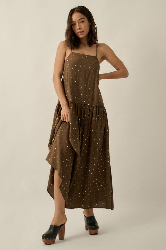 Polka Dot-Print Drop-Waist Cami Maxi Dress (Chocolate)