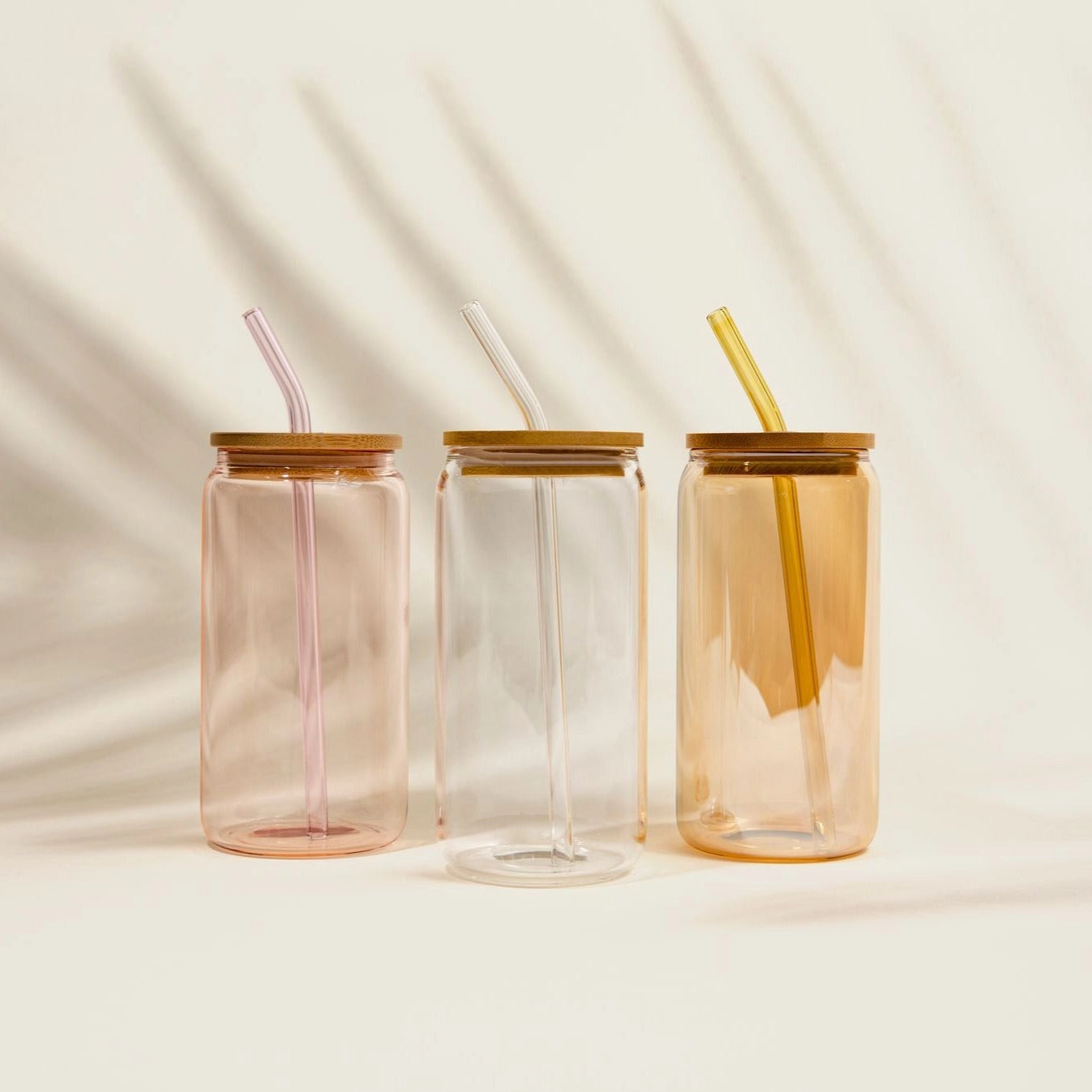 Pink Can Glass Cup with Bamboo Lid and Straw